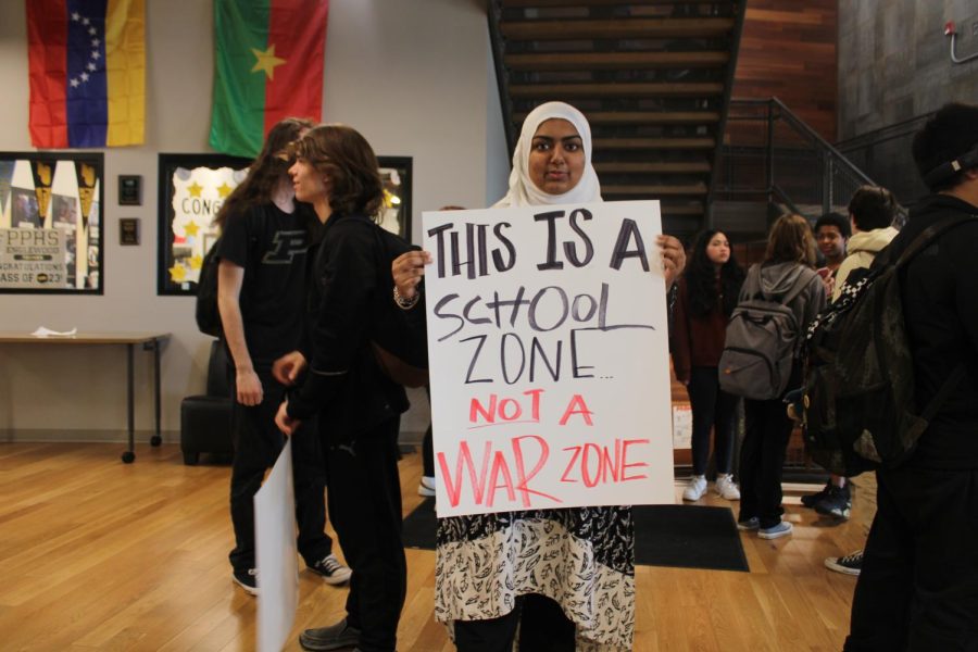 Pictured Purdue Polytechnic High School junior Huma Moghul ahead of April 20th walkout at Purdue Polytechnic High School- courtesy of Raina Maiga